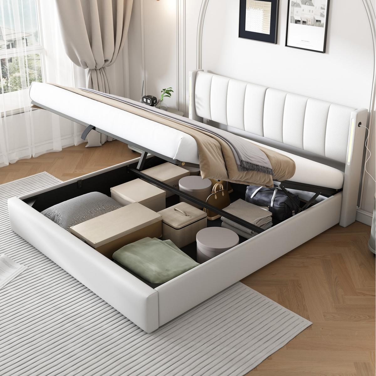 Super King Size LED Upholstered Bed with Storage - White