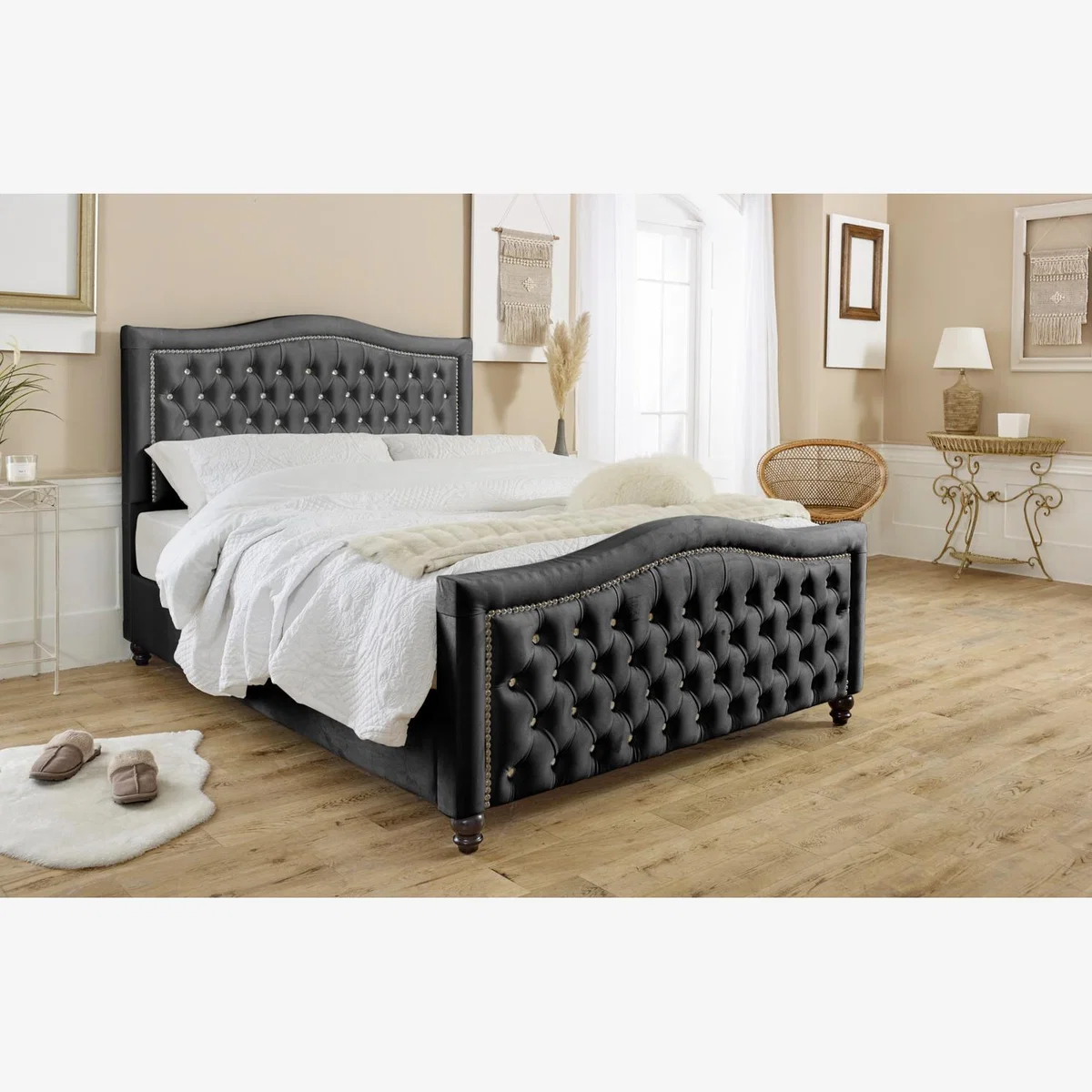 Saturn Plush 4 Inch Solid Thick Bed Frame With Chesterfield Headboard - Black / Double