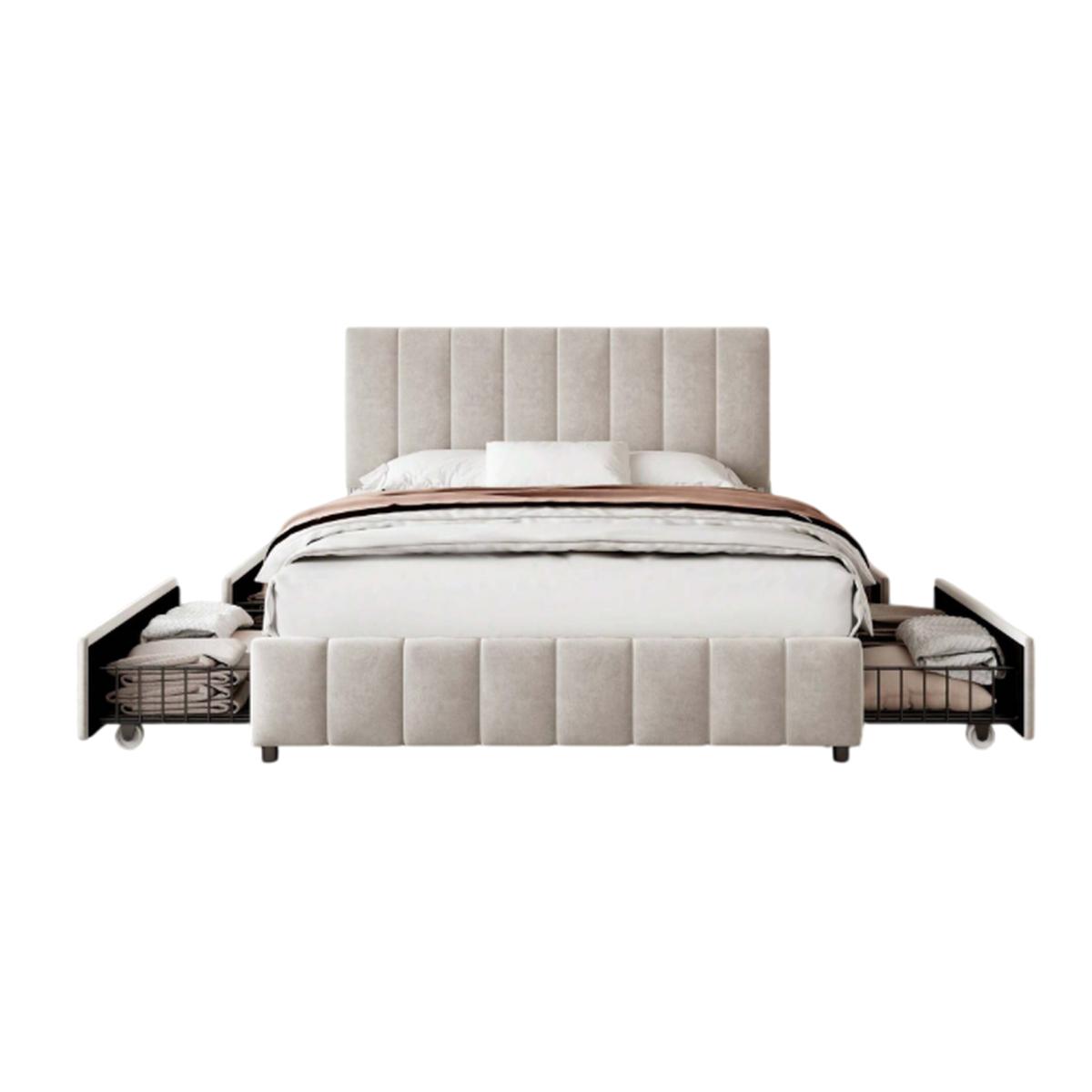 Velvet Upholstered Bed With Storage - Beige