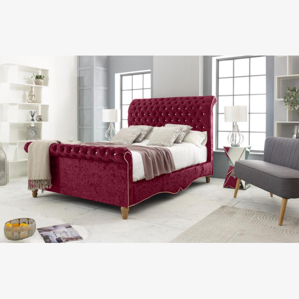 Epsol Crush 4 inch solid thick Bed Frame with Chesterfield Headboard - Maroon / Small Double