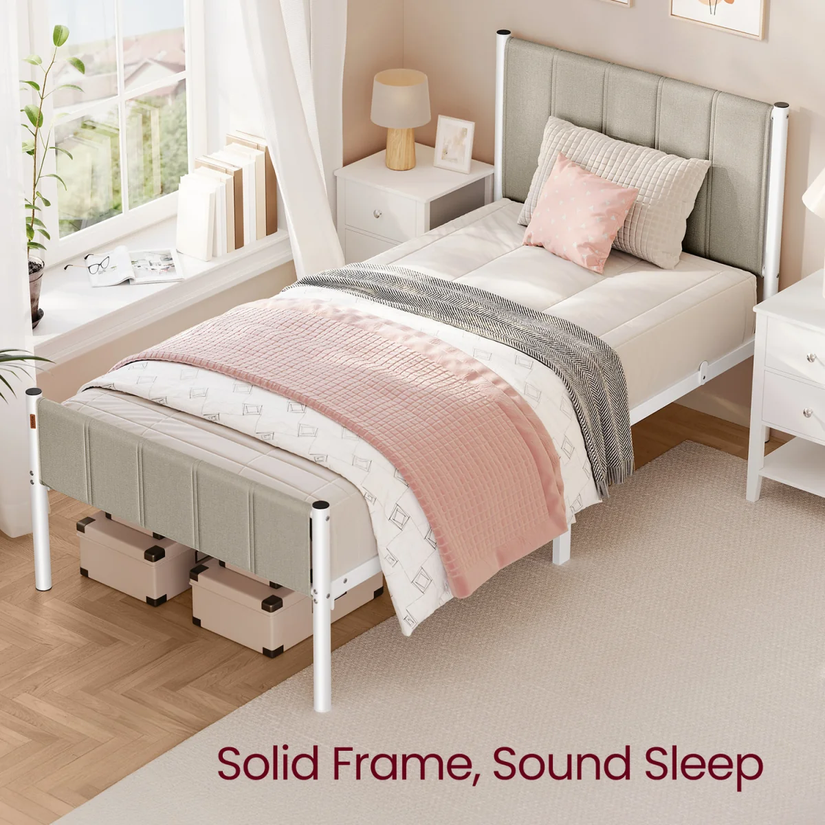VASAGLE Single Bed Frame, Metal, with Upholstered Headboard - Cappuccino Beige – image 2