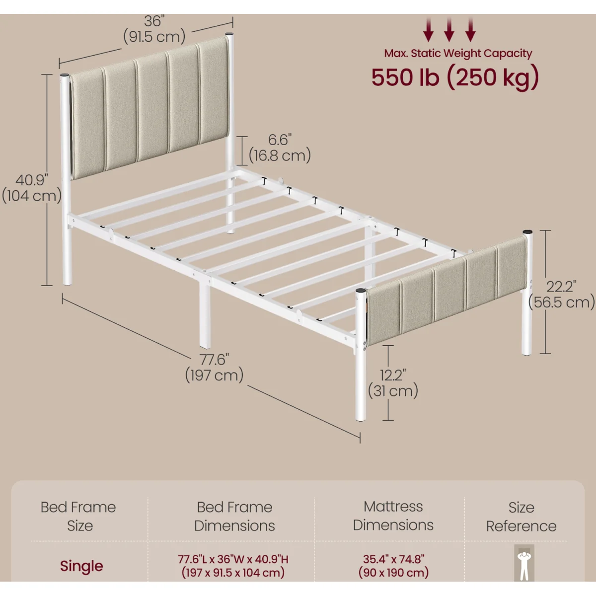 VASAGLE Single Bed Frame, Metal, with Upholstered Headboard - Cappuccino Beige – image 3