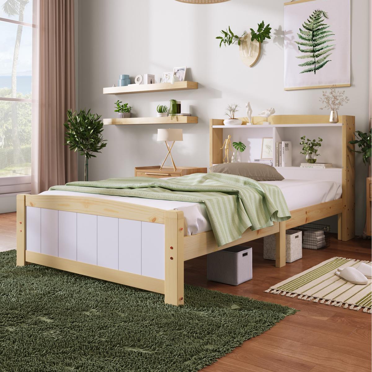 Solid Wooden Bed Frames with Single Storage - White / 42.00cm