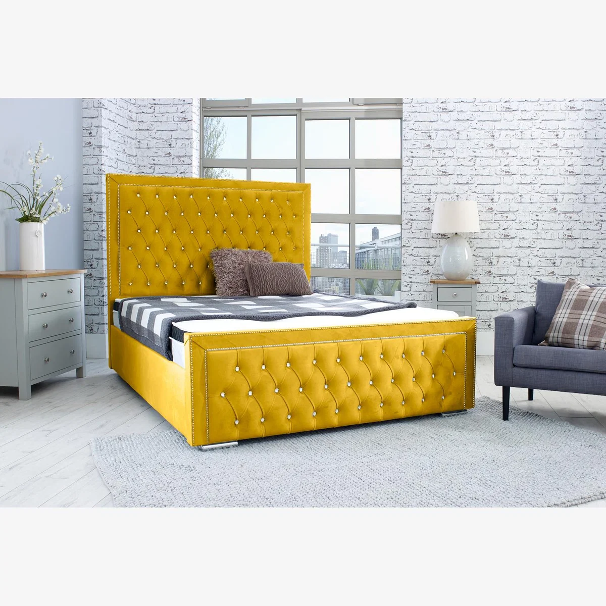 Hendrick Plush 4 Inch Solid Thick Bed Frame With Chesterfield Headboard - Mustard Gold / Single