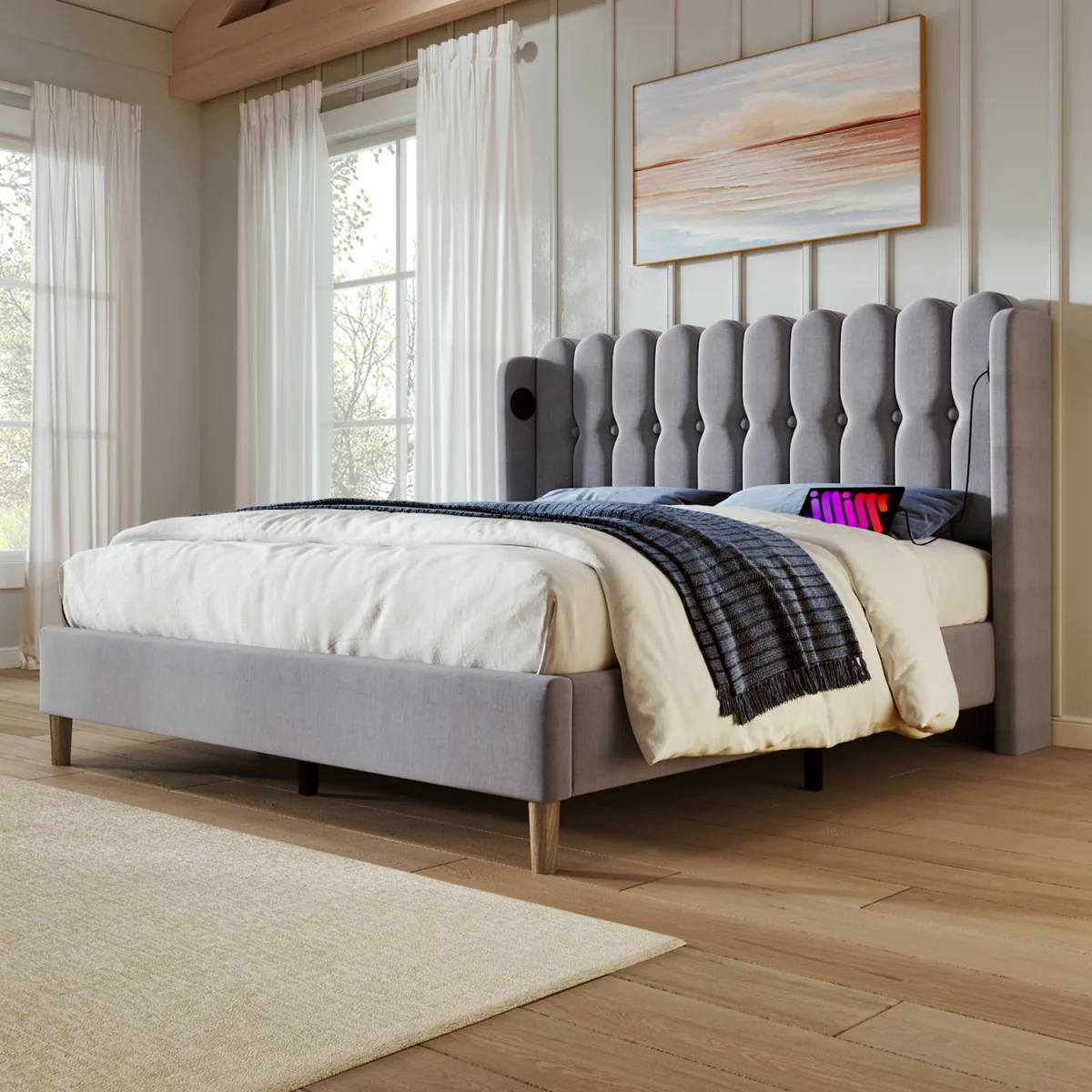 Linen Bed with USB & Type-C Charging - Grey – image 1