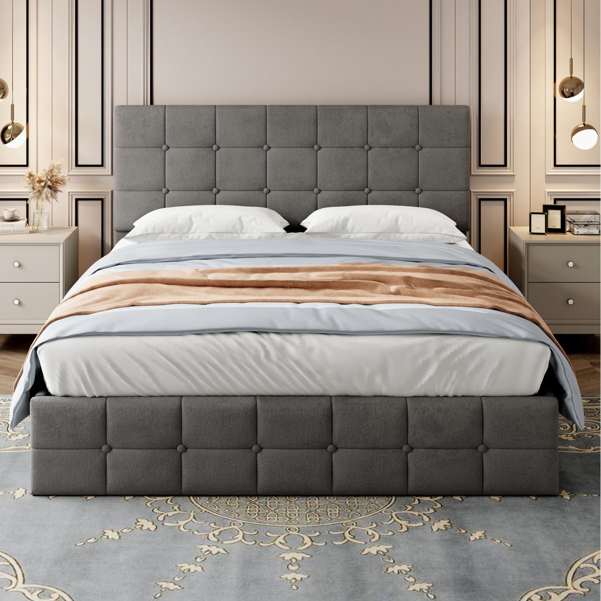 Button Tufted Adjustable Headboard Double Bed - Grey