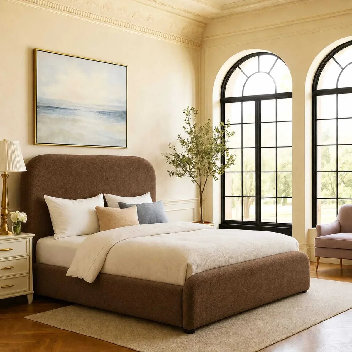 Premium Upholstered Bed Frame With Curved Headboard - Brown / Single – image 1