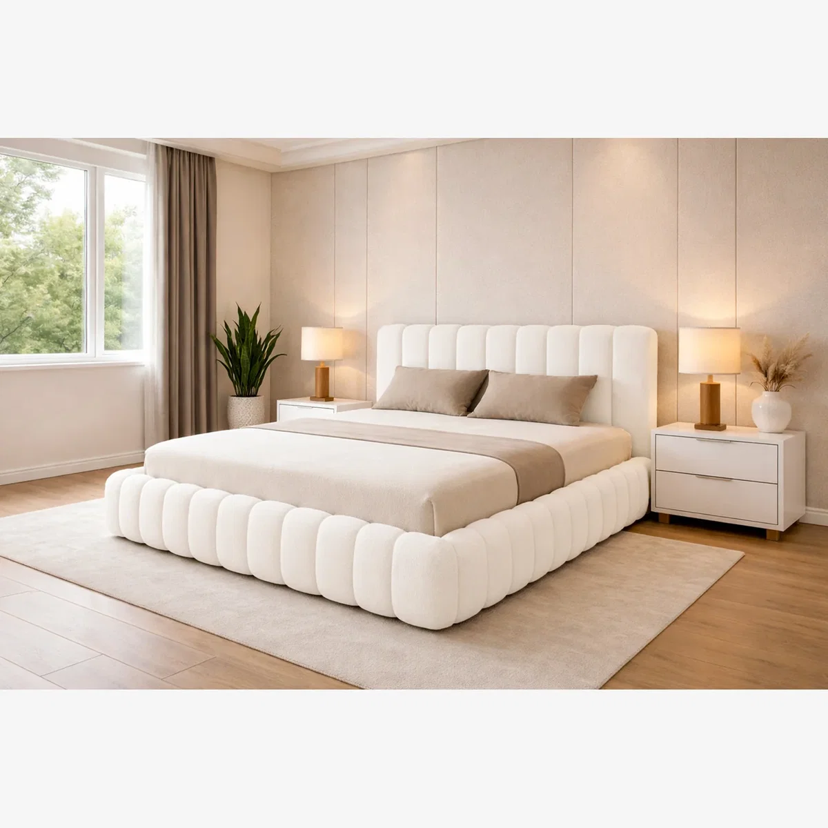 Modern Upholstered Platform Bed Frame Luxury Soft Teddy Fabric - WHITE / King