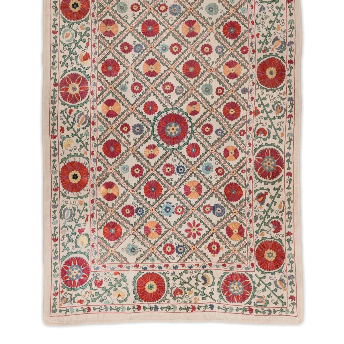 Green / Blue / Yellow Bukhara Suzani Silk Embroidered Bed Runner By Mindthegap – image 4