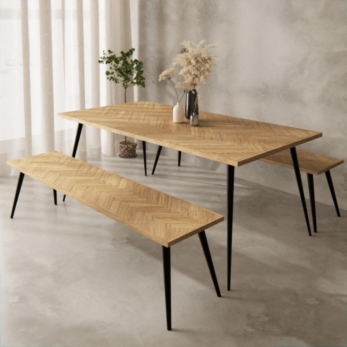 Conner 6 Seat Herringbone Dining Table Set, Light Mango Wood – image 2