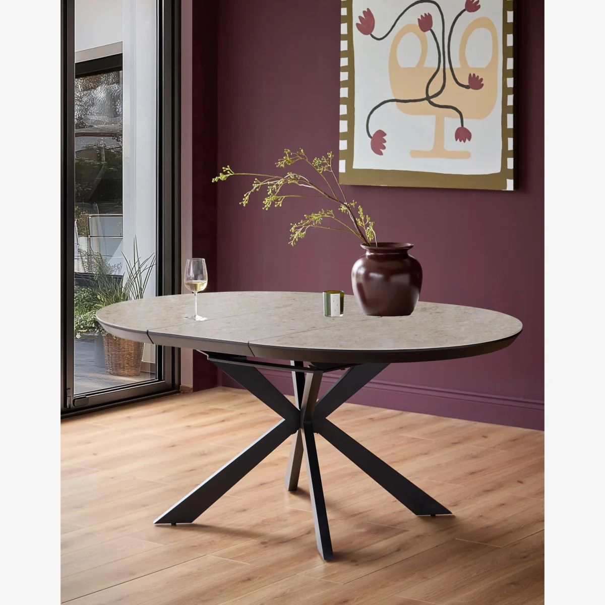 Hayden natural travertine ceramic 4-6 extending round dining table – image 1