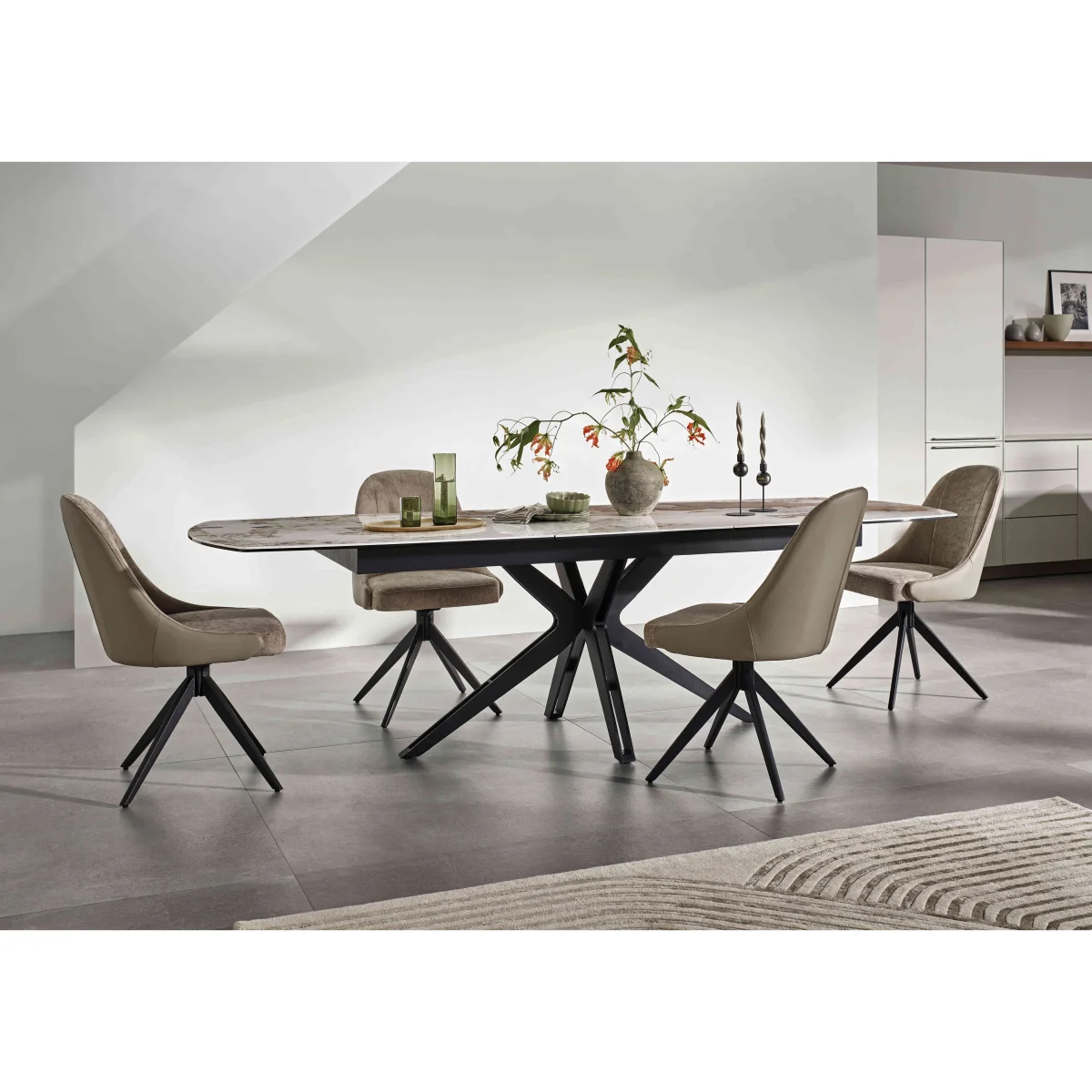 Jose Large Calcatta Marble Pop-up Extending Dining Table with 4 Swivel Chairs - Navy – image 2