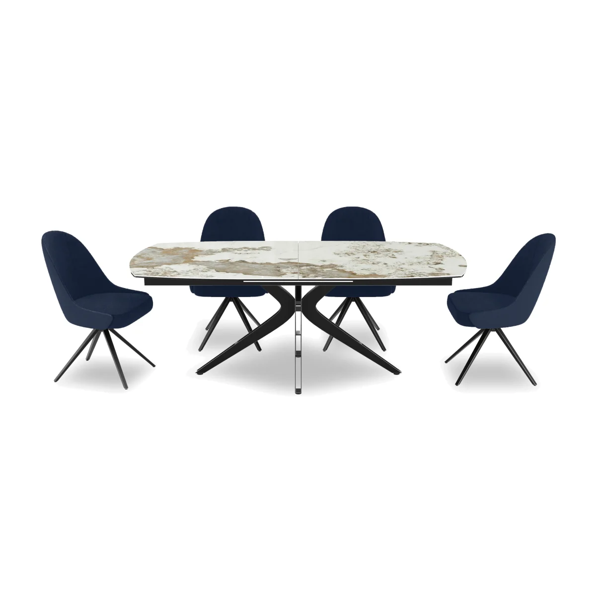 Jose Large Calcatta Marble Pop-up Extending Dining Table with 4 Swivel Chairs - Navy – image 1
