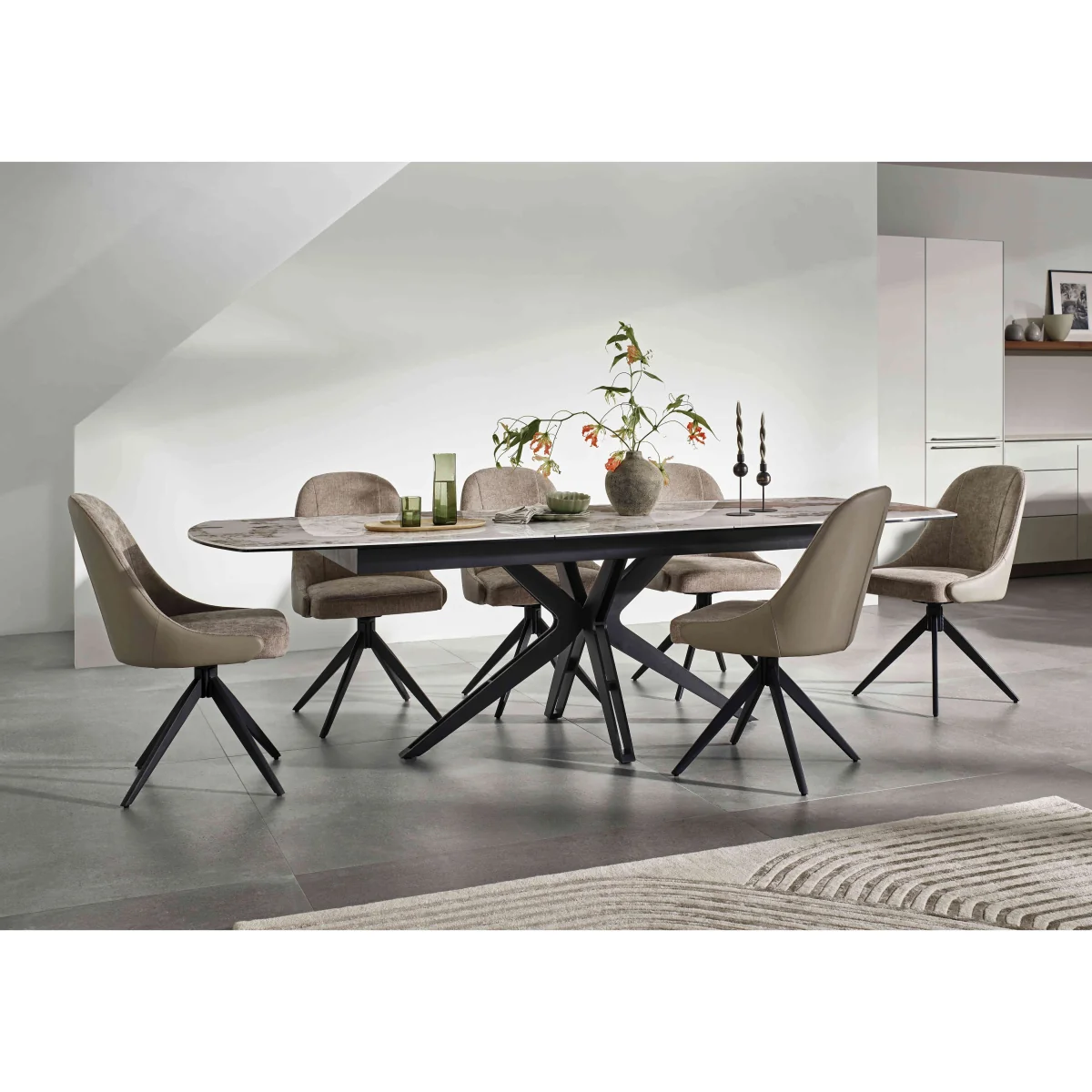 Jose Large Calcatta Marble Pop-up Extending Dining Table with 6 Swivel Chairs - Navy – image 2