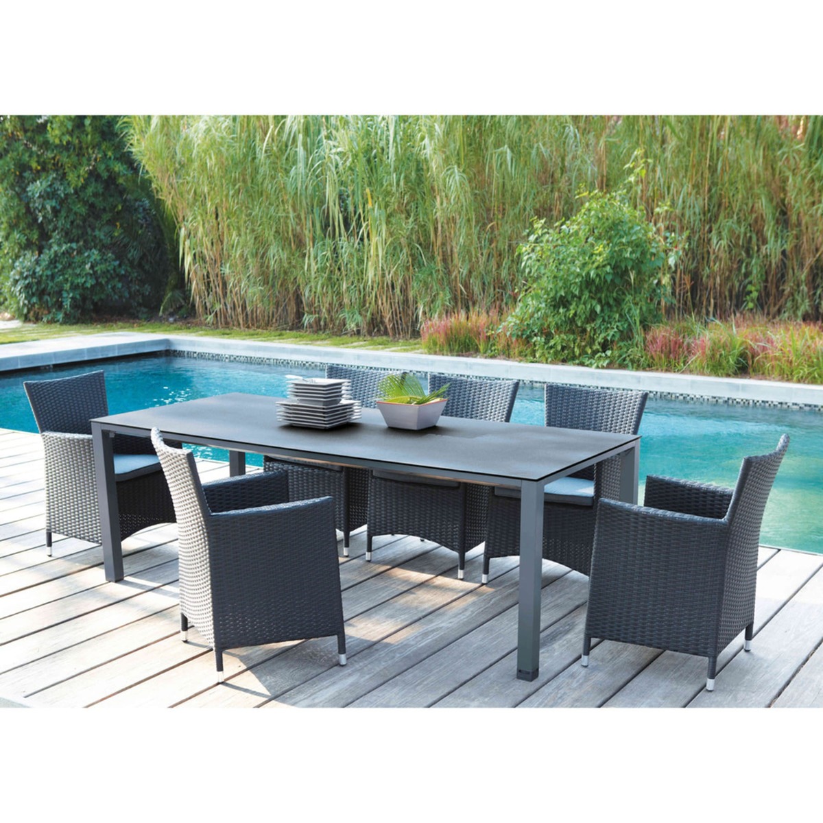 Tempered glass and aluminium garden table in charcoal grey W 220cm Square Garden – image 3