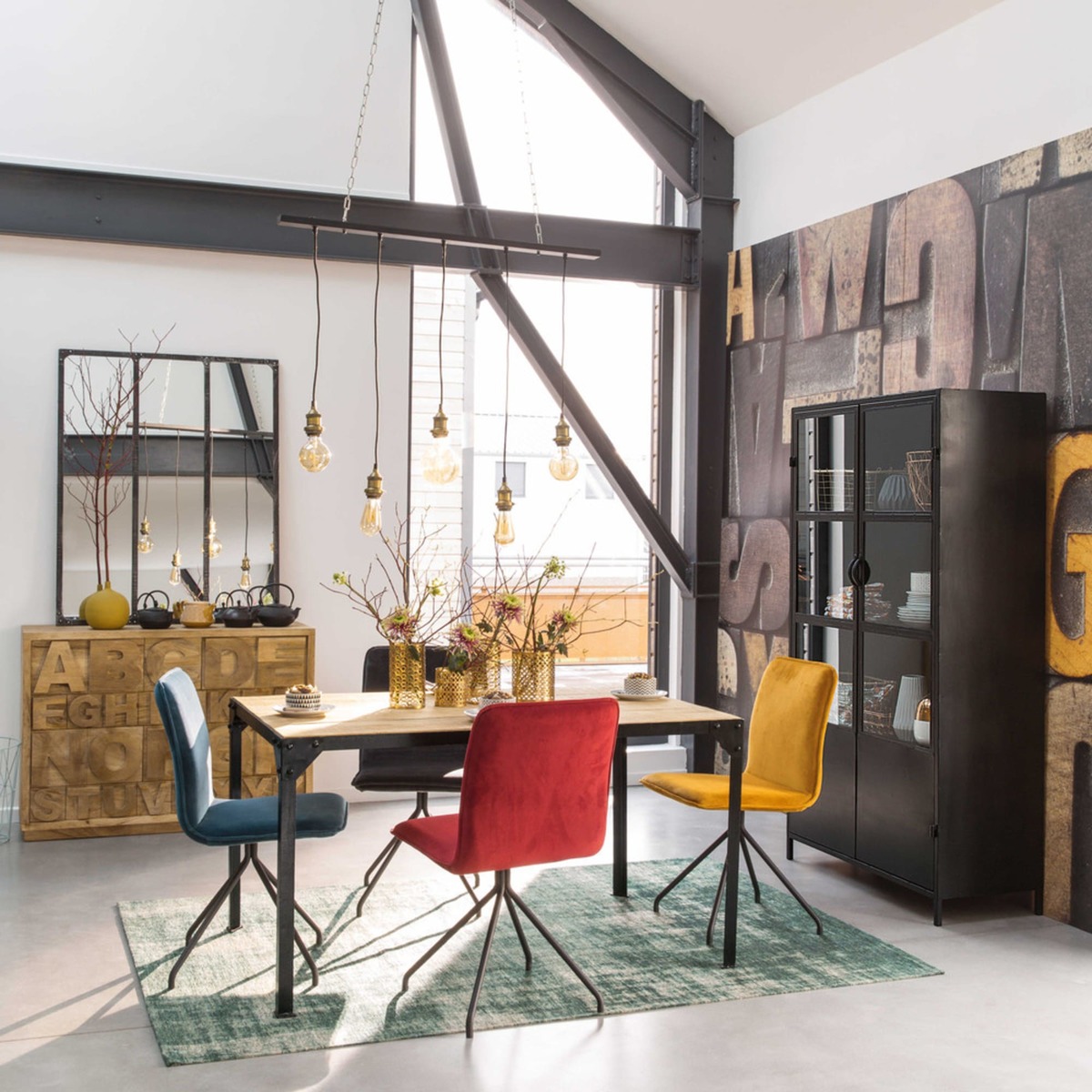 Solid mango wood and black metal dining table L140 Factory – image 3