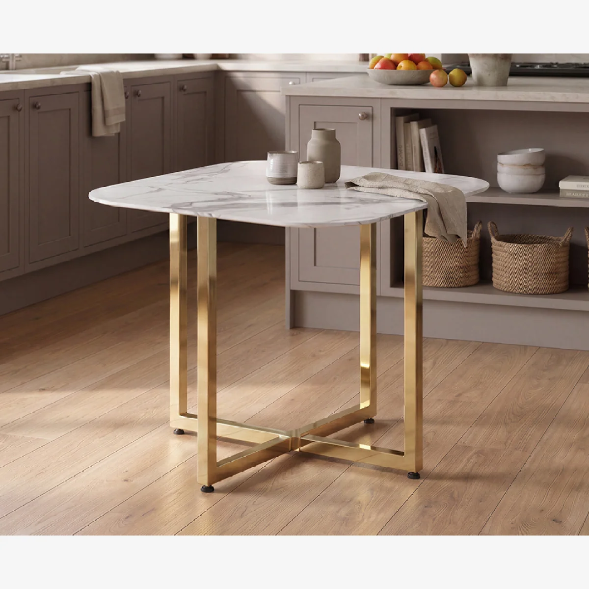 Rhodes White Marble Effect Ceramic Gold Leg Dining Table – image 1