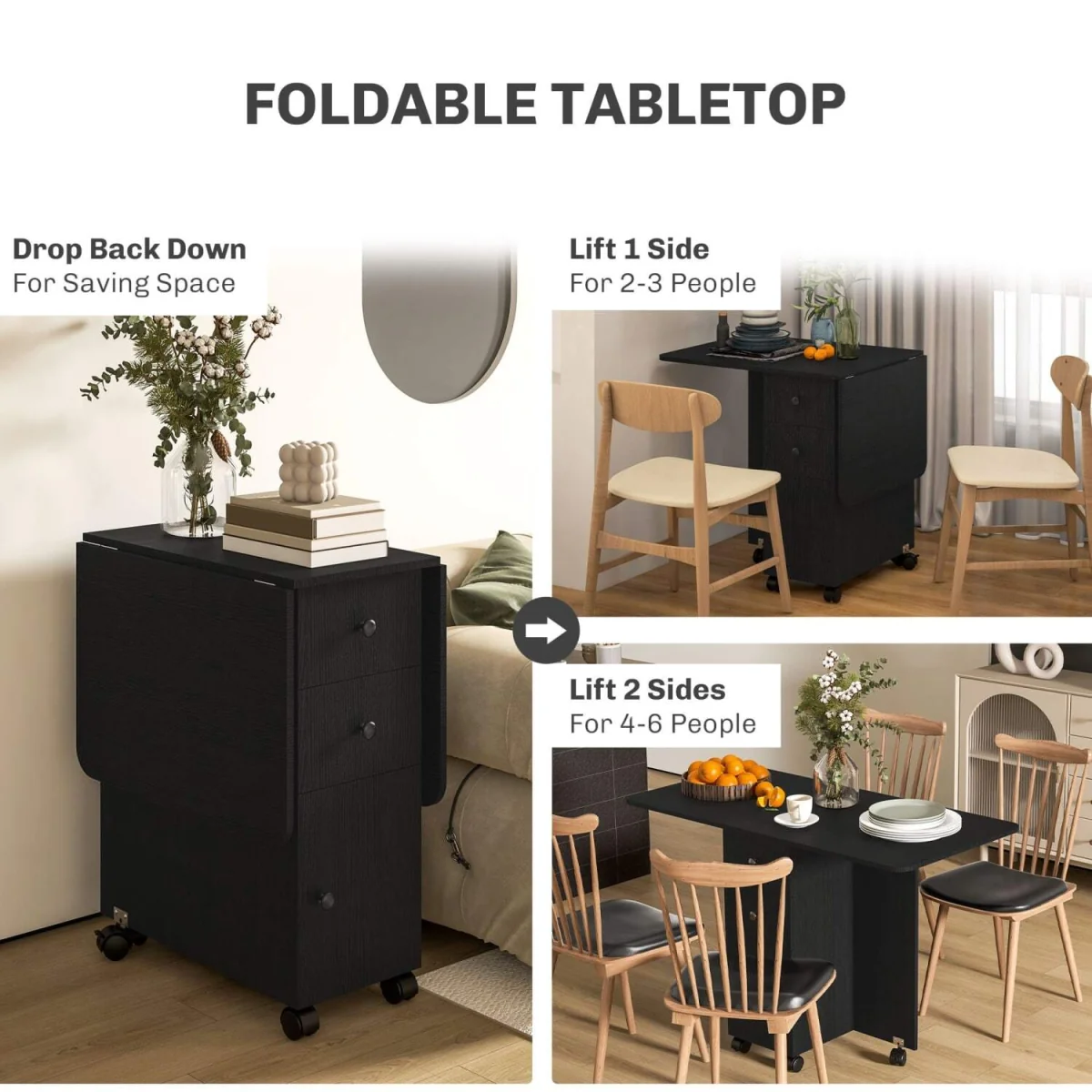 Midile Wooden Distressed Black Drop Leaf Dining Table With Storage Seating 6 – image 2