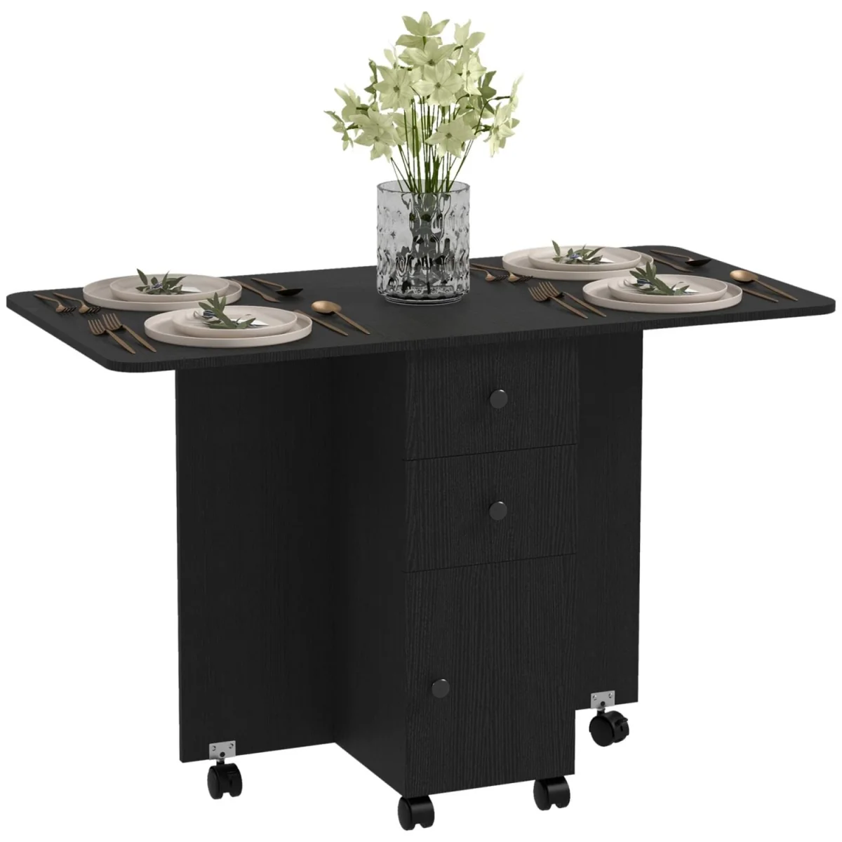 Midile Wooden Distressed Black Drop Leaf Dining Table With Storage Seating 6 – image 3