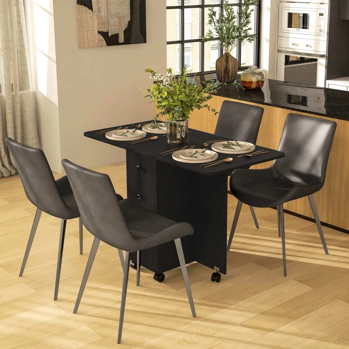 Midile Wooden Distressed Black Drop Leaf Dining Table With Storage Seating 6 – image 4