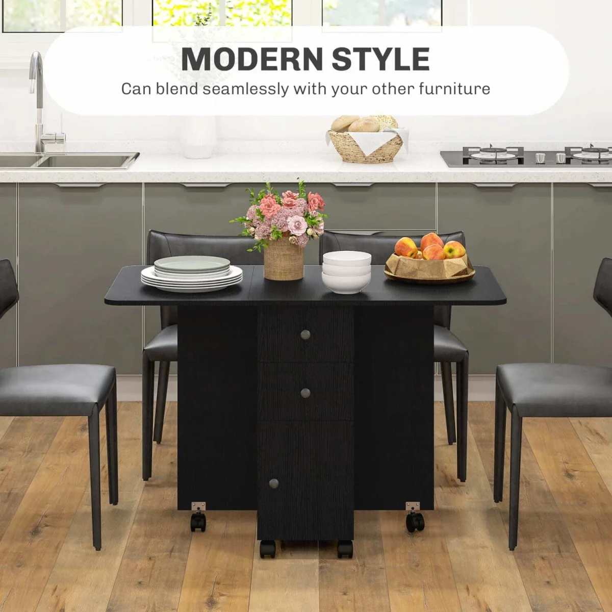 Midile Wooden Distressed Black Drop Leaf Dining Table With Storage Seating 6 – image 6