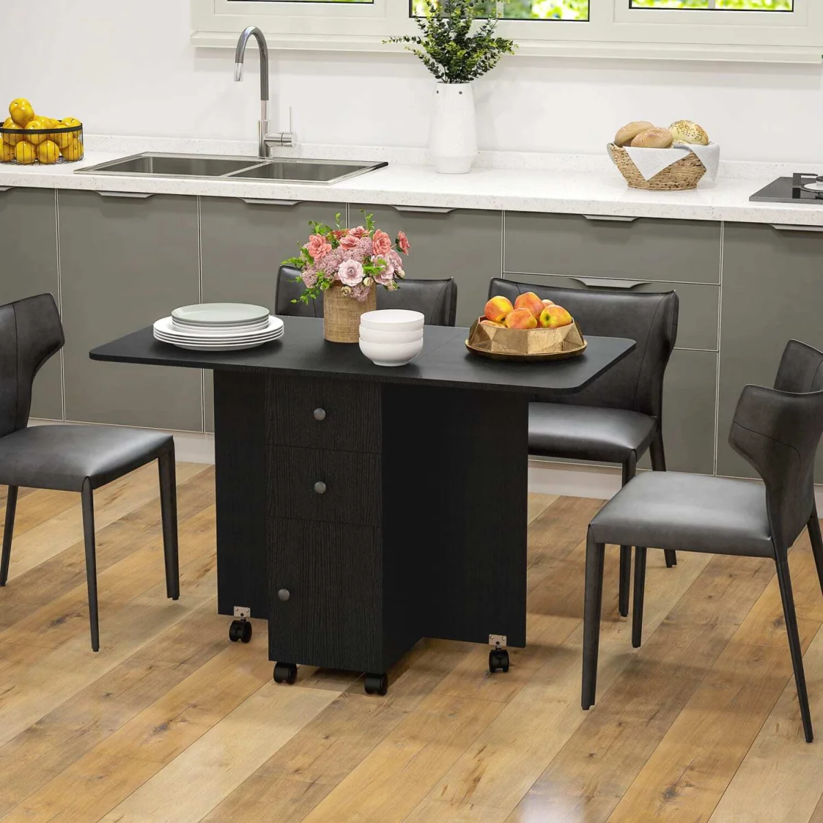Midile Wooden Distressed Black Drop Leaf Dining Table With Storage Seating 6 – image 9