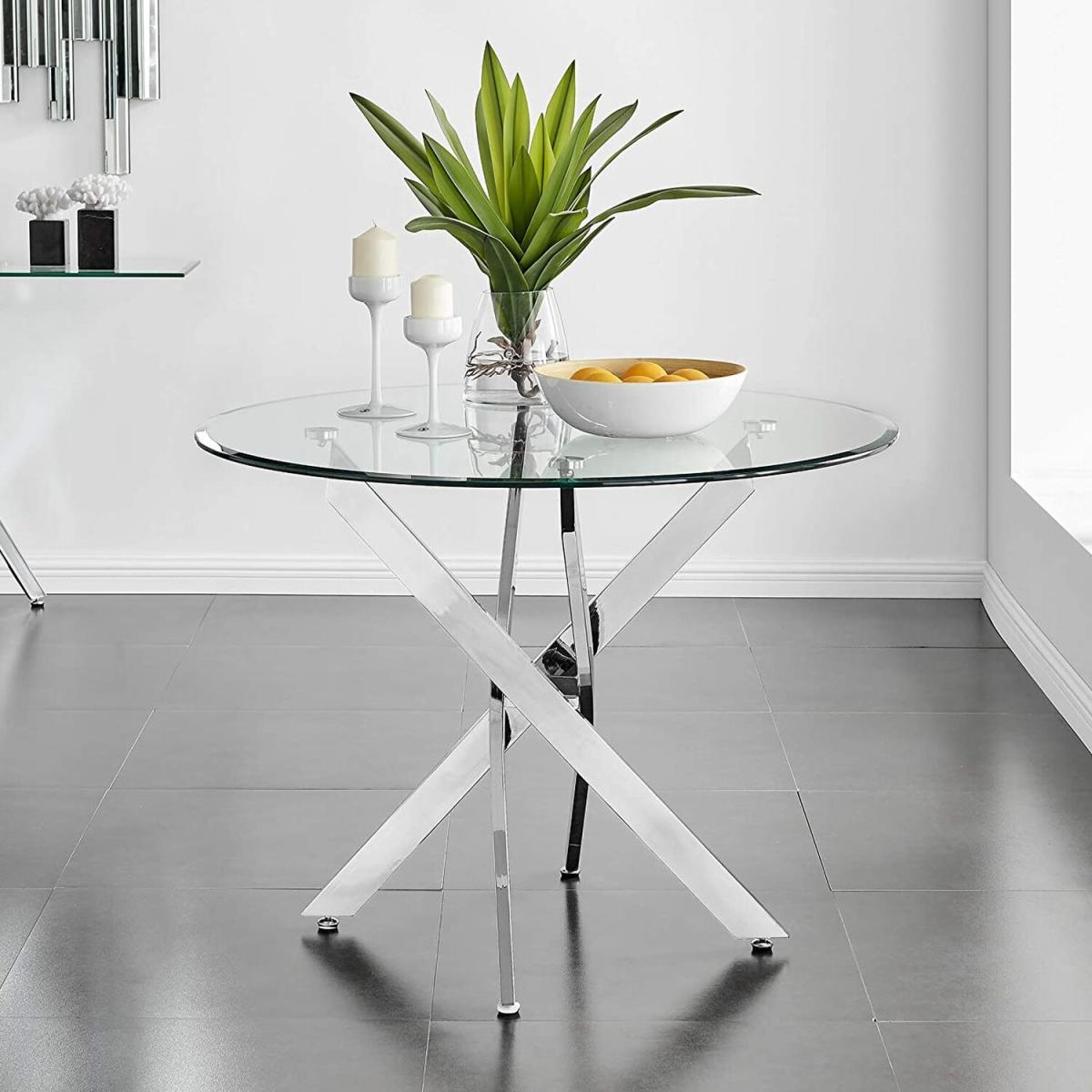 90CM Round Modern Tempered Glass Dining Table Kitchen Cafe Tables Chrome Legs - Silver – image 2