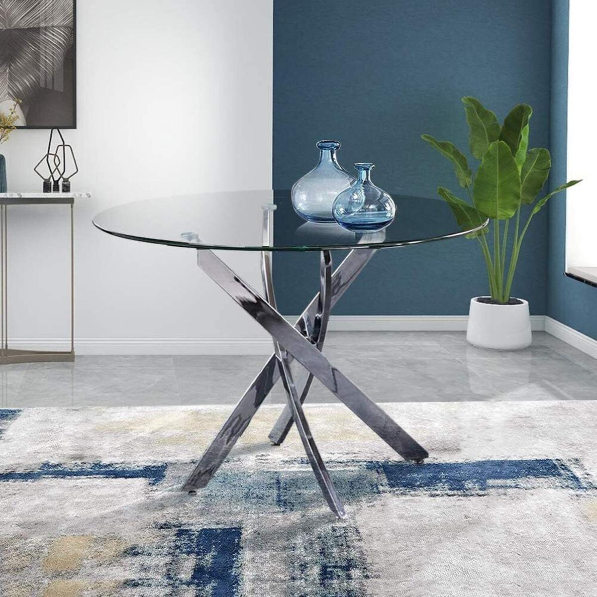 90CM Round Modern Tempered Glass Dining Table Kitchen Cafe Tables Chrome Legs - Silver – image 3
