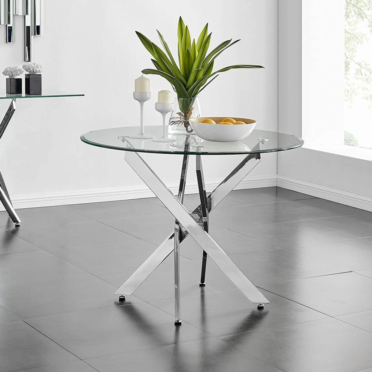 90CM Round Modern Tempered Glass Dining Table Kitchen Cafe Tables Chrome Legs - Silver – image 5