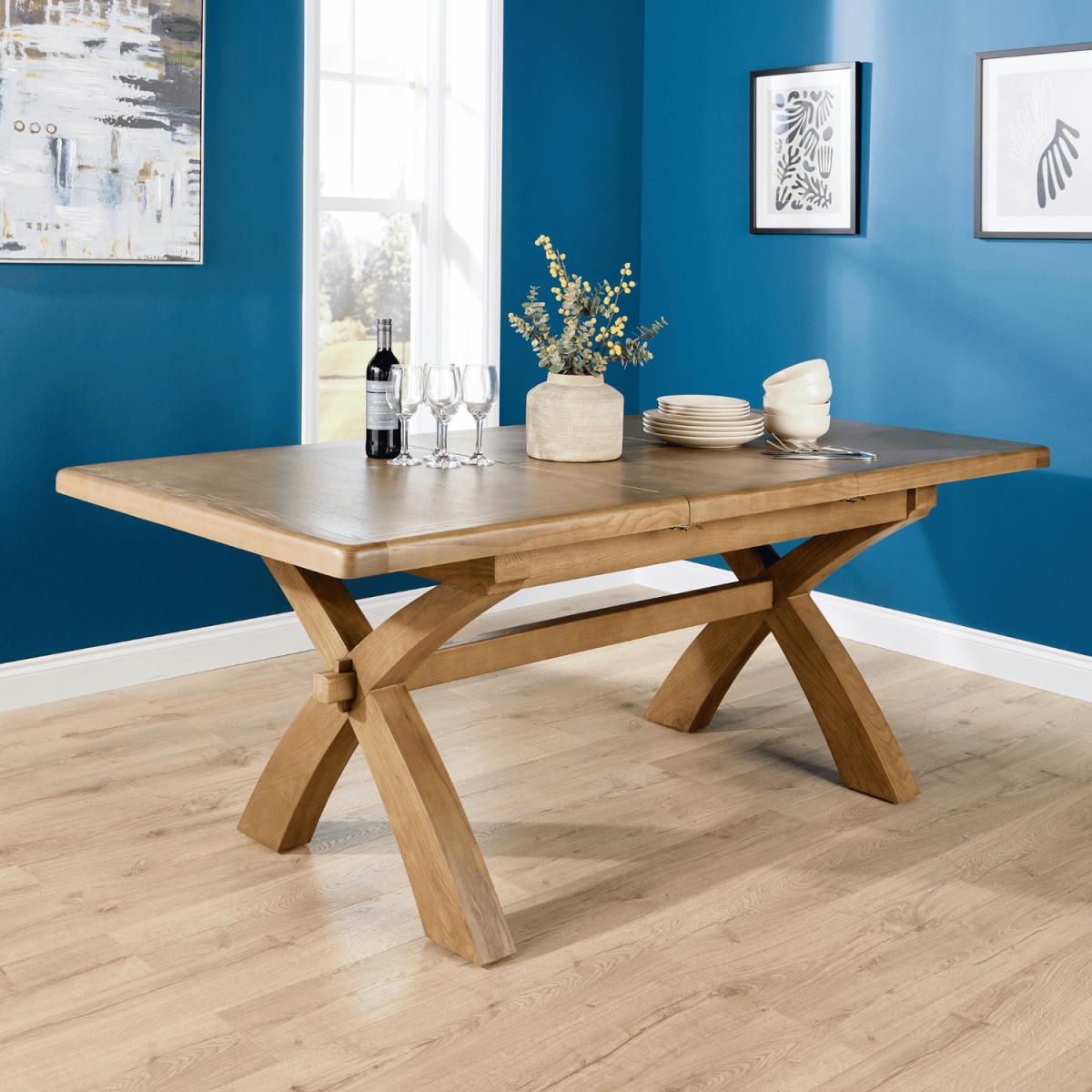 Bentley Extending Oak and Oak Veneer Dining Table with Cross Leg Design Base - Oak / 150 - 200 cm