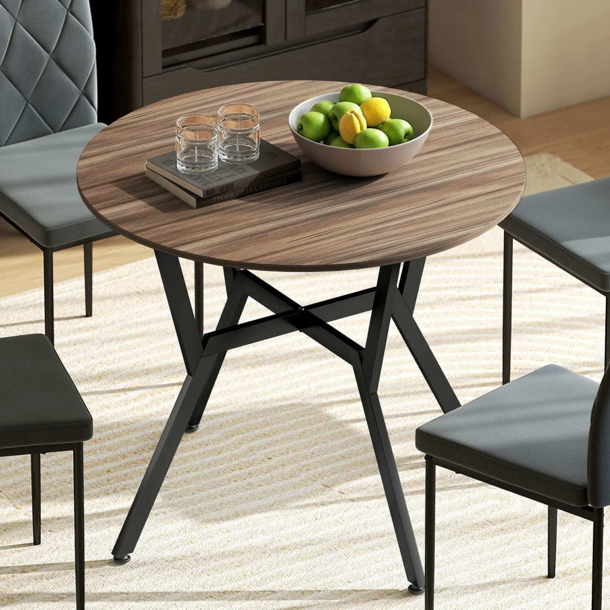 Doveno Metal Brown Round Dining Table with Anti-Slip Feet for Dining Areas – image 4