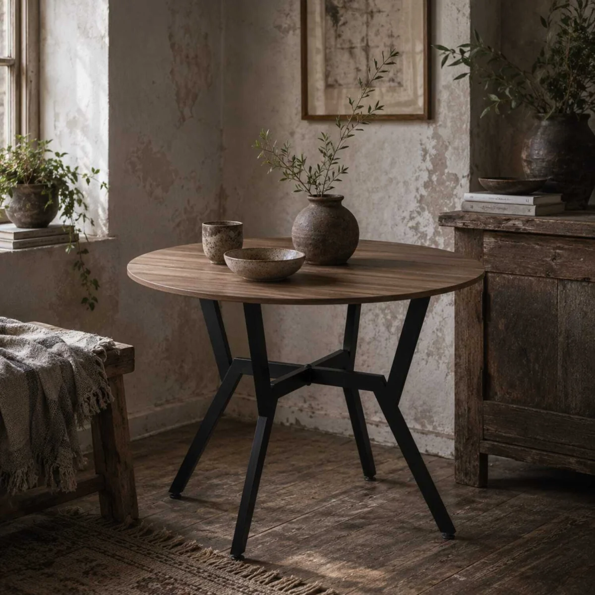 Doveno Metal Brown Round Dining Table with Anti-Slip Feet for Dining Areas – image 1