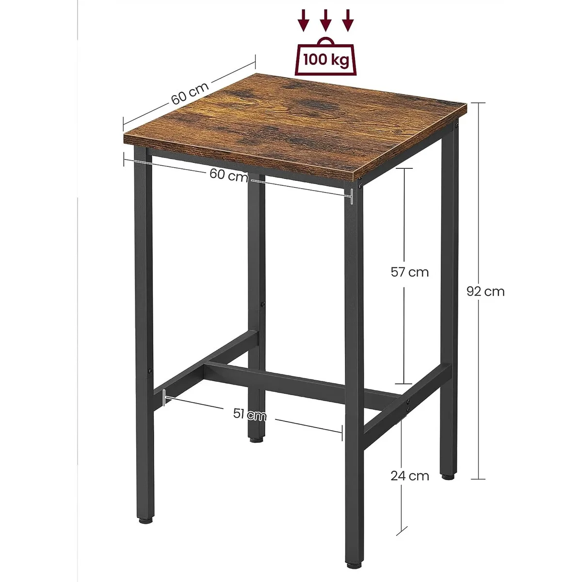 Square Tall Dining Table with Steel Frame, Heavy Duty Kitchen Table - Rustic Brown and Black – image 3