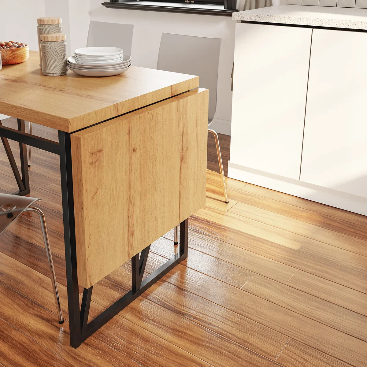 Drop Leaf Table with Folding Extensions - Light Oak – image 14