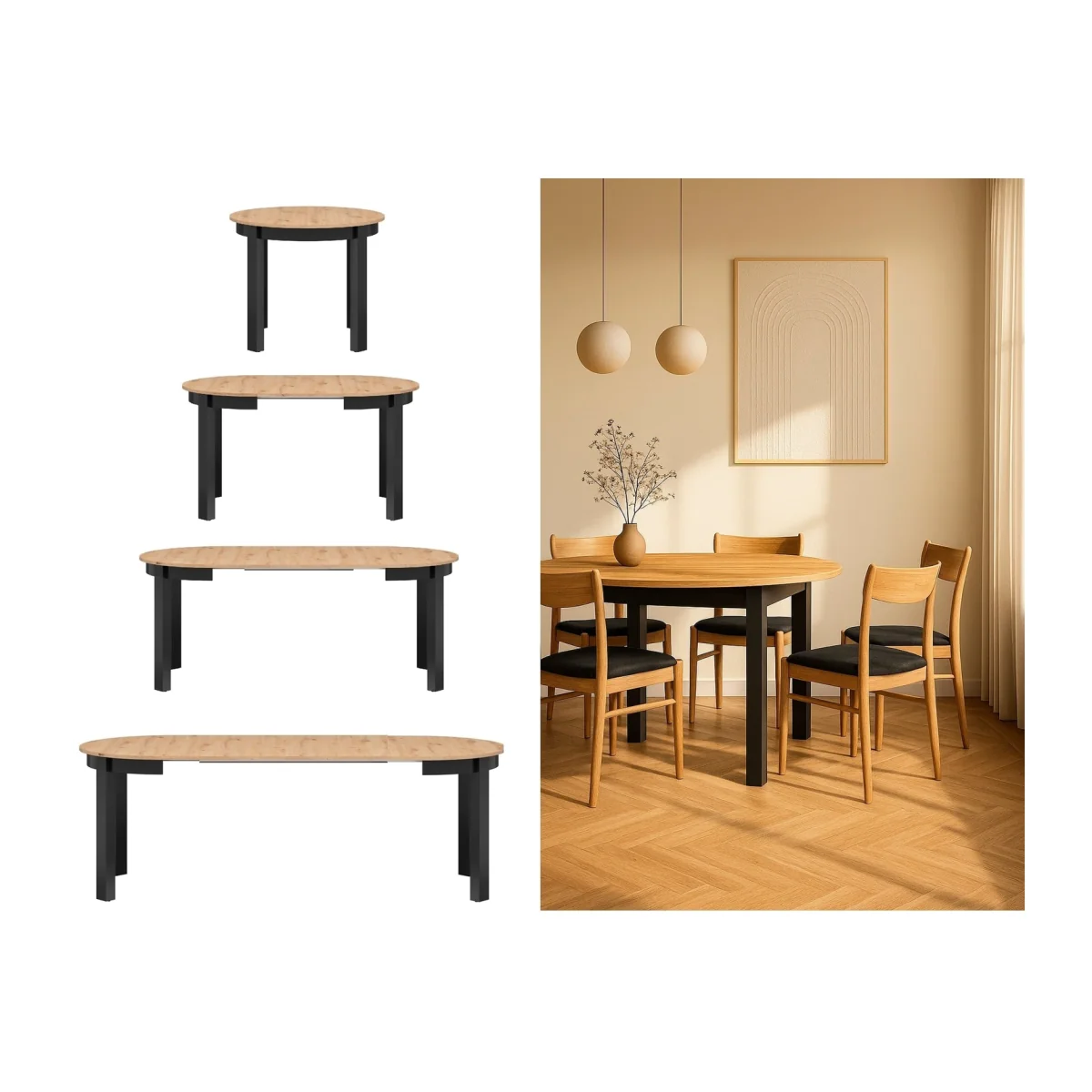 Round-to-oval extendable dining table Artisan Oak effect top and black matt legs 105 - 240cm wide - Artisan Oak Effect / Black Matt
