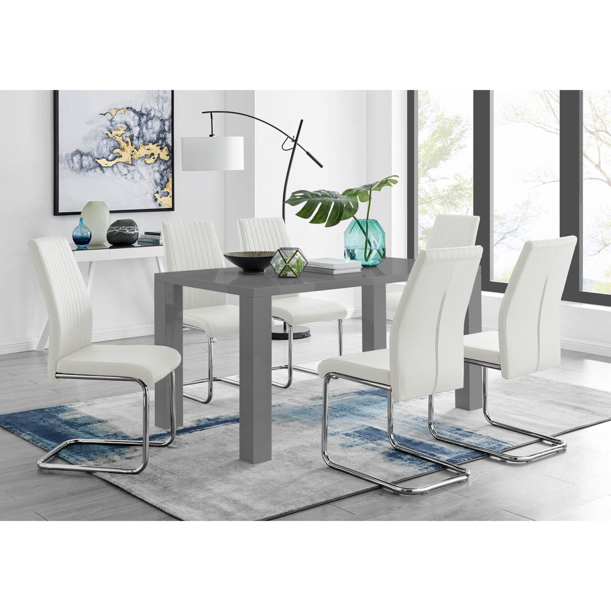 Pivero Grey High Gloss Dining Table and 6 Lorenzo Dining Chairs - White – image 21