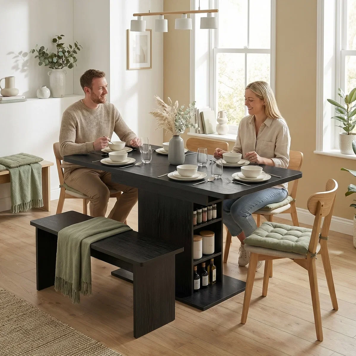 HOMCOM Extendable Dining Table for 4-6 Kitchen Table with Shelves - Black – image 2