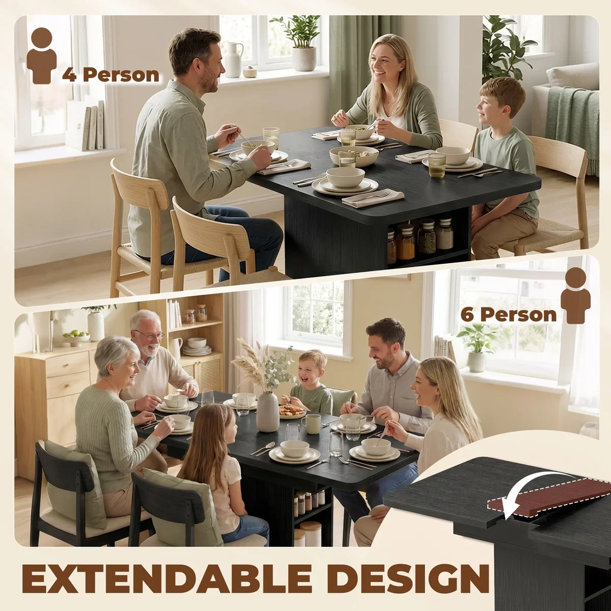 HOMCOM Extendable Dining Table for 4-6 Kitchen Table with Shelves - Black – image 8