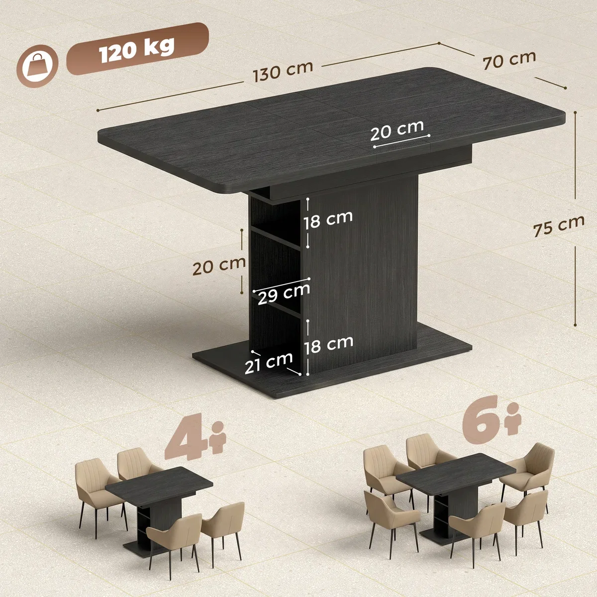 HOMCOM Extendable Dining Table for 4-6 Kitchen Table with Shelves - Black – image 9