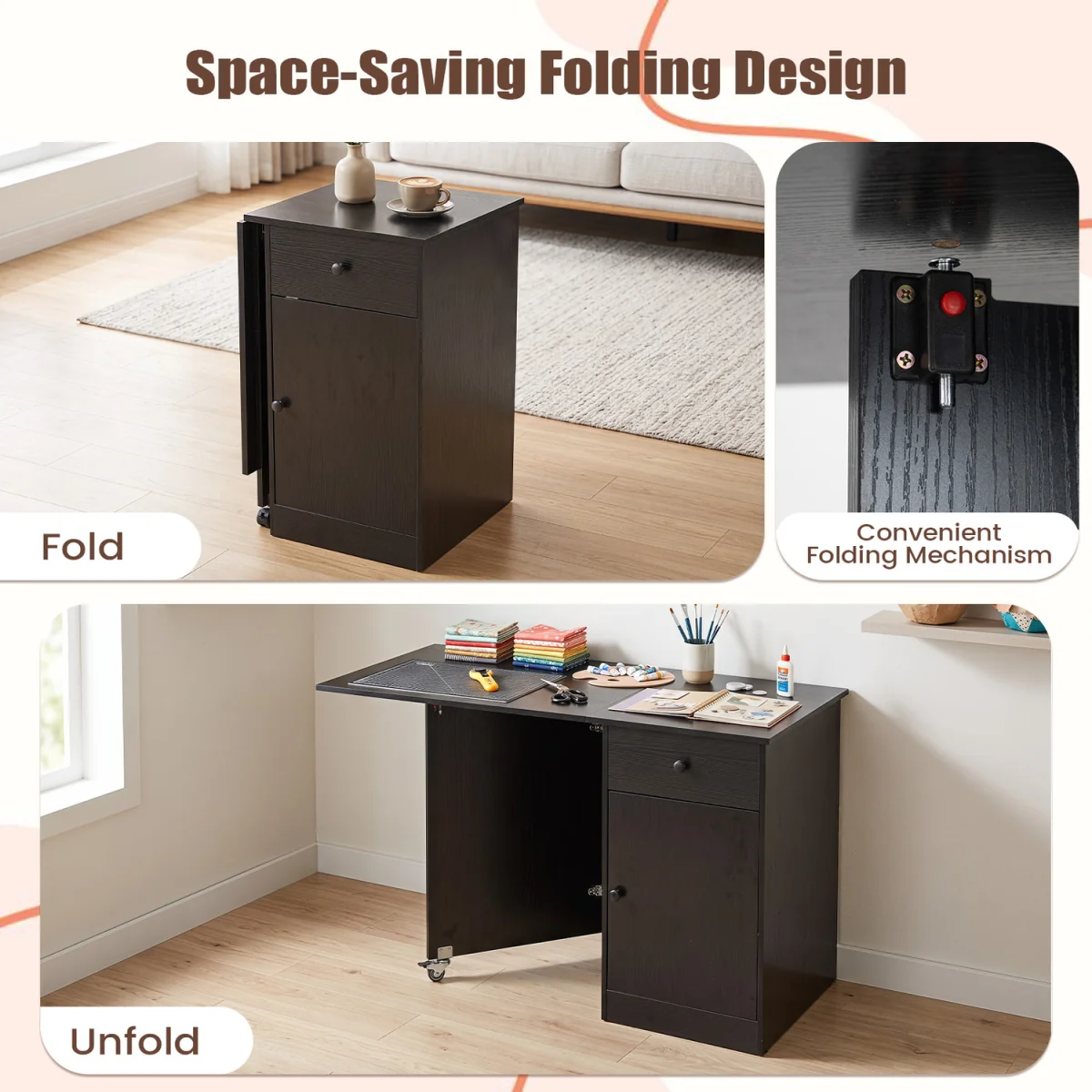 Drop Leaf Space Saving Folding Dining Table-White - Black – image 7