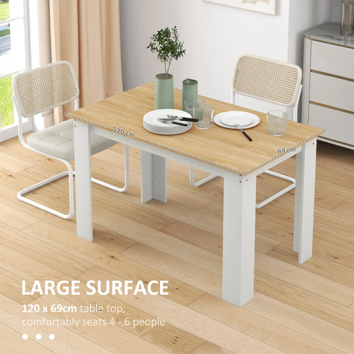 HOMCOM Dining Table for 4-6 People Wood Effect Tabletop - Oak and White – image 9