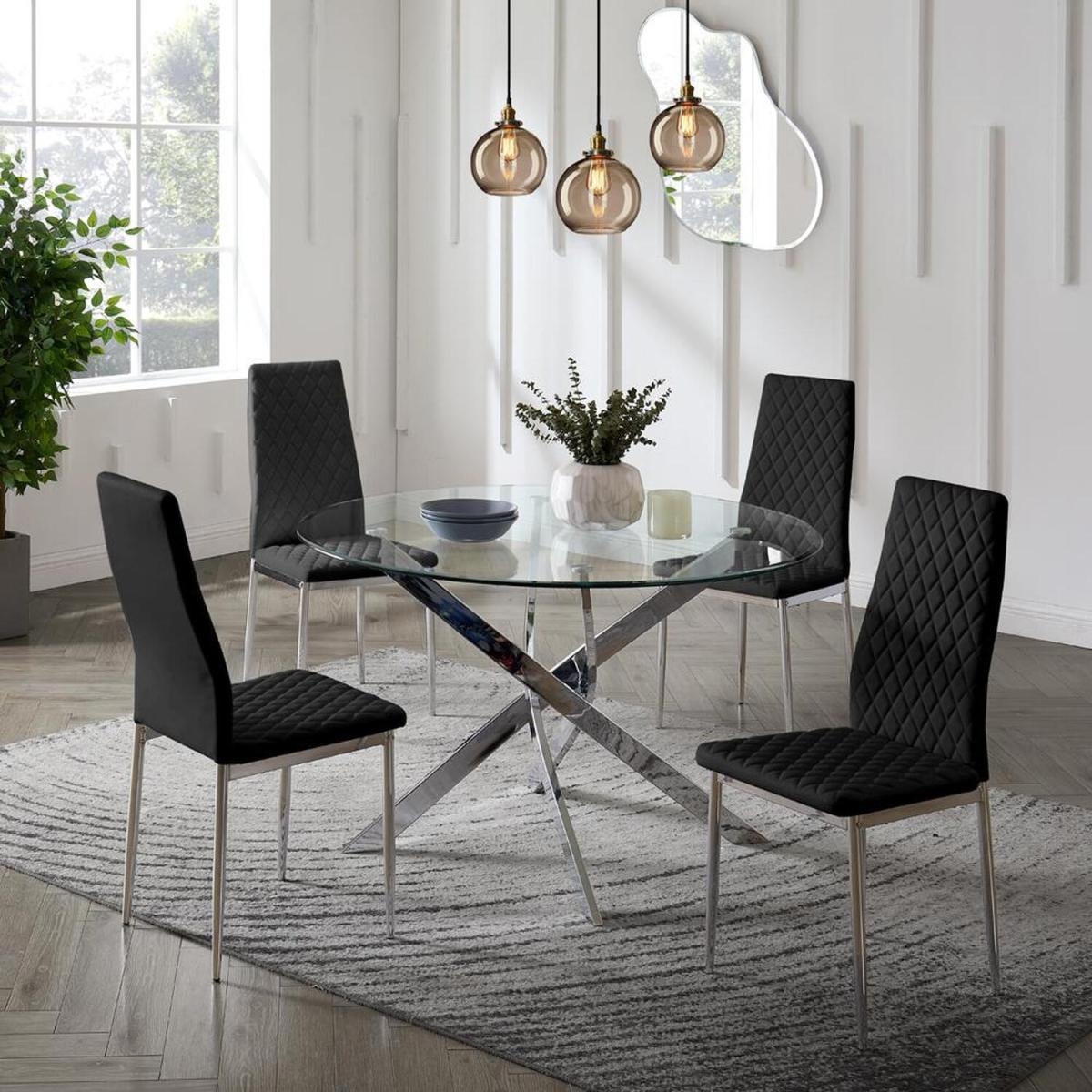 Lyon Round Glass Dining Table with Black Faux Leather Chairs Silver Legs - Clear Glass / 4
