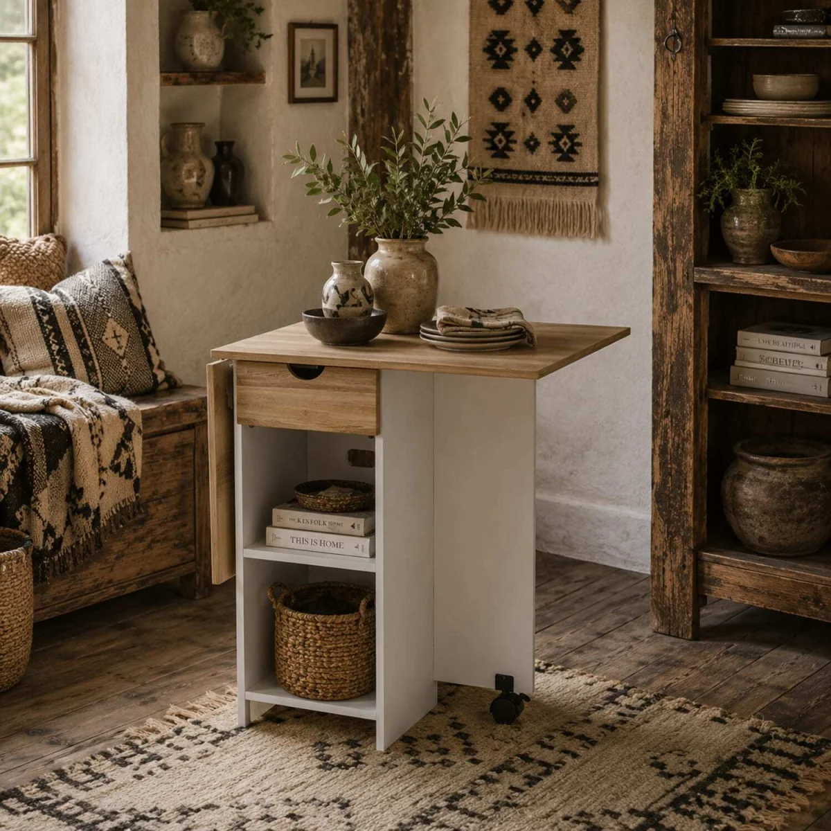 Coyova Oak and White Folding Drop Leaf Dining Table with Drawer and Shelves – image 2