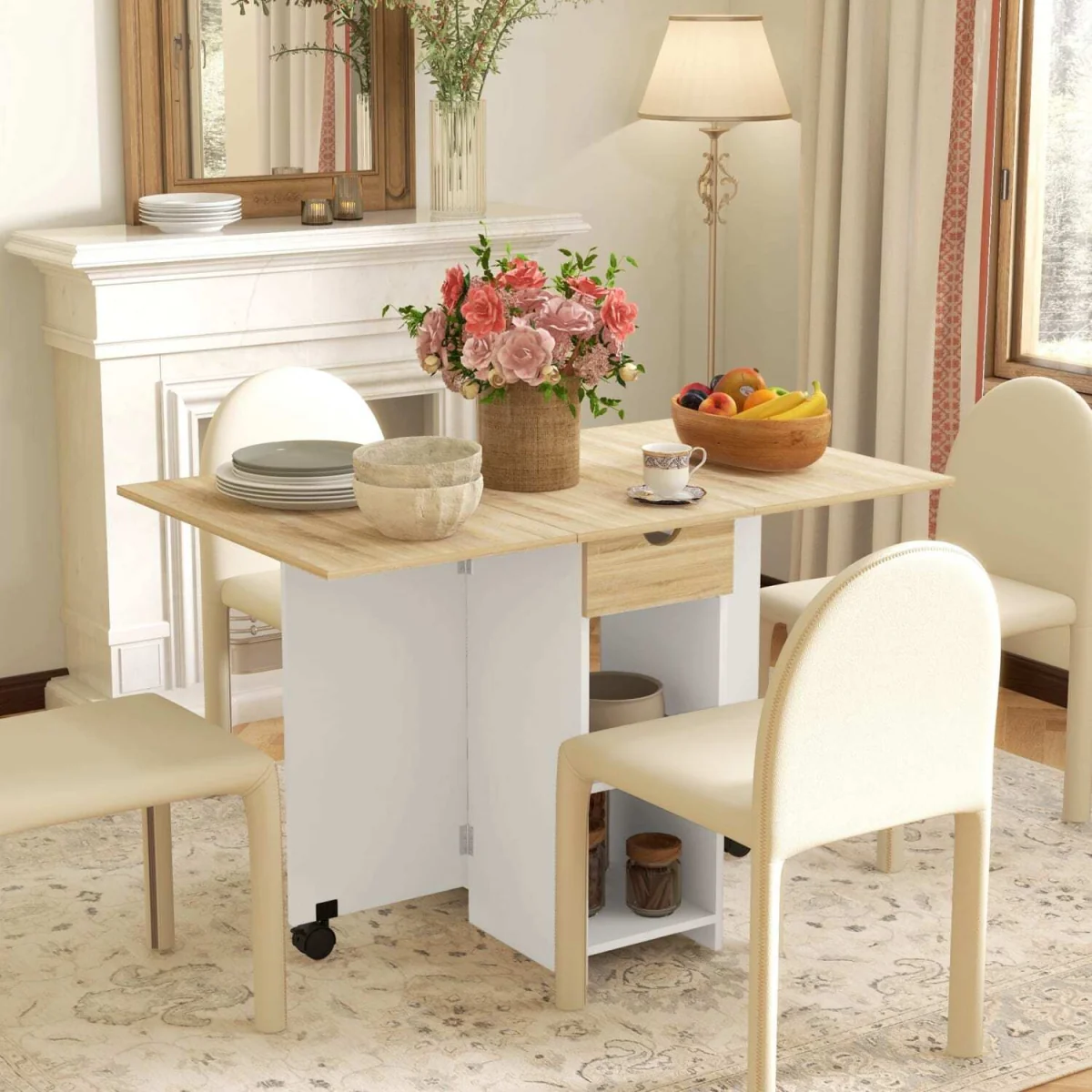 Coyova Oak and White Folding Drop Leaf Dining Table with Drawer and Shelves – image 3