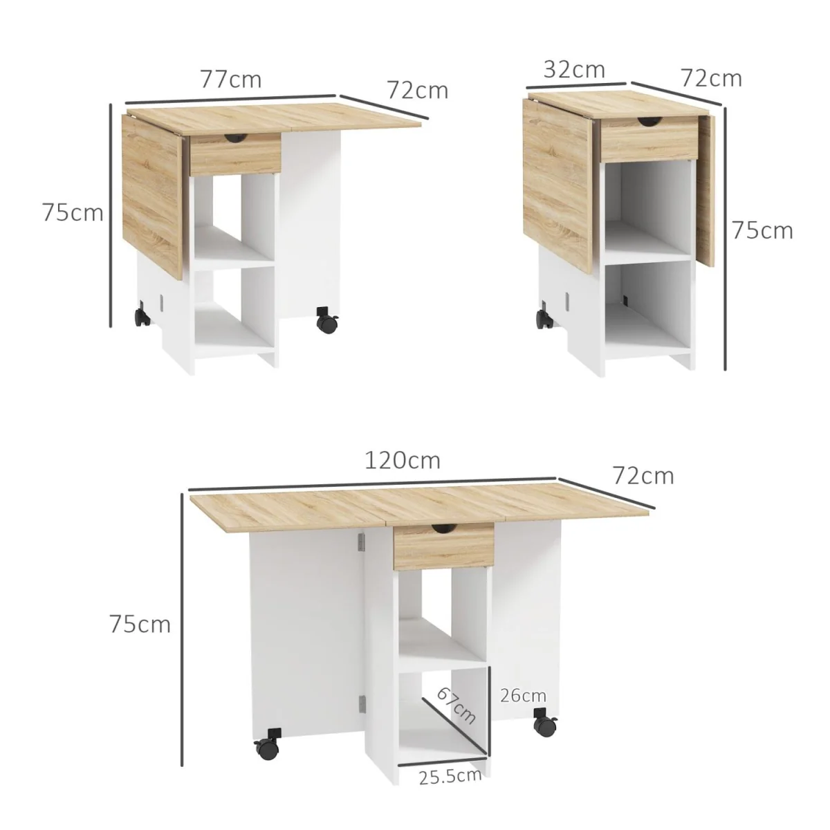 Coyova Oak and White Folding Drop Leaf Dining Table with Drawer and Shelves – image 4
