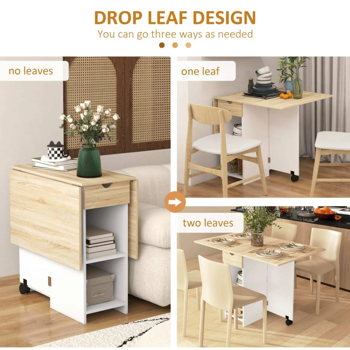 Coyova Oak and White Folding Drop Leaf Dining Table with Drawer and Shelves – image 6