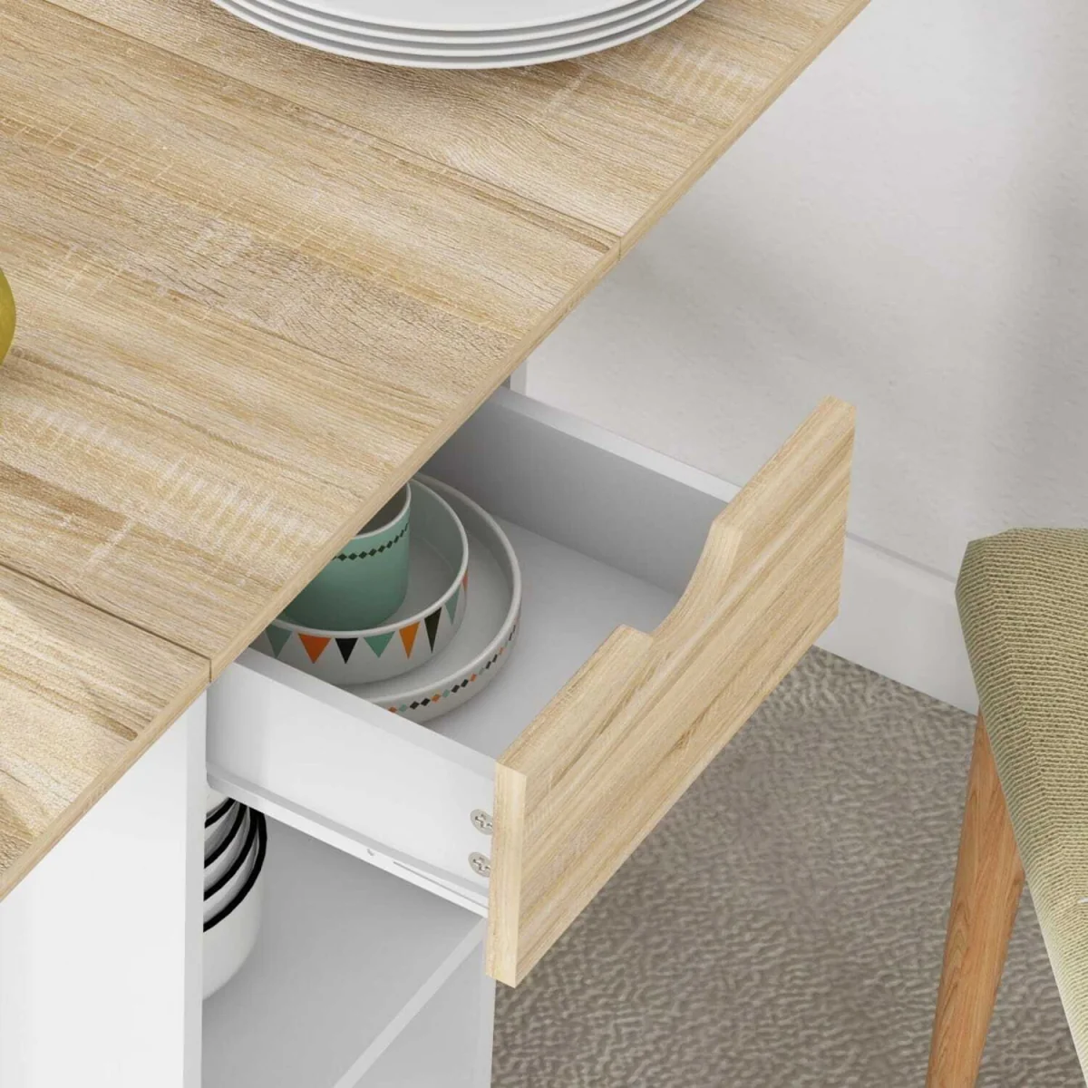 Coyova Oak and White Folding Drop Leaf Dining Table with Drawer and Shelves – image 9