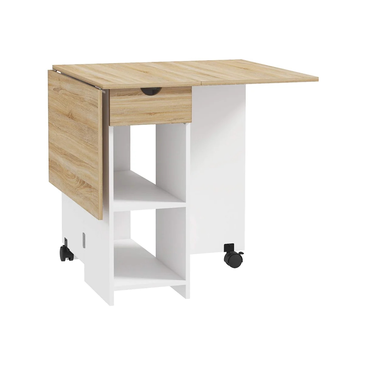 Coyova Oak and White Folding Drop Leaf Dining Table with Drawer and Shelves – image 1