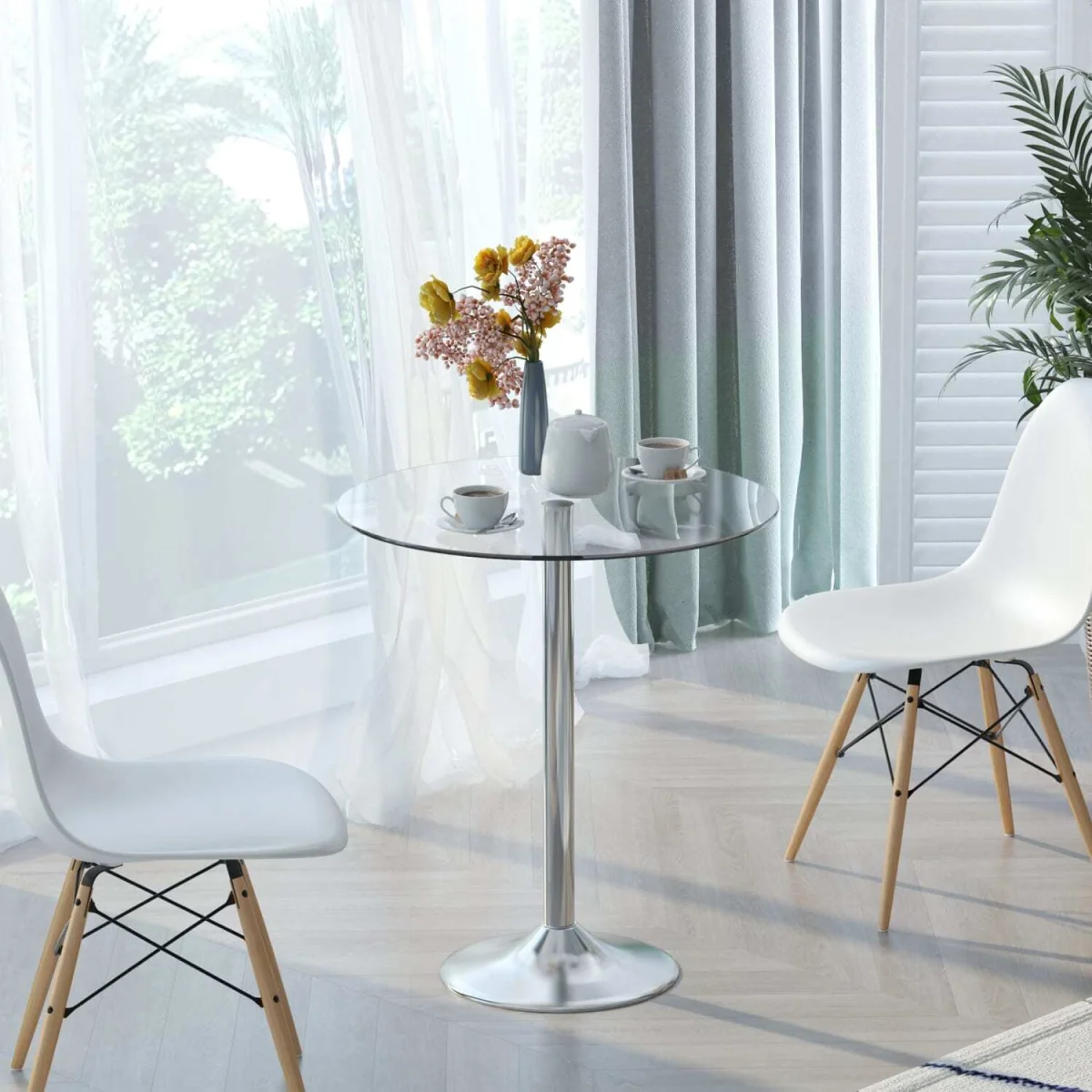 Diliha Round Tempered Glass Dining Table, Polished Silver Base – image 4