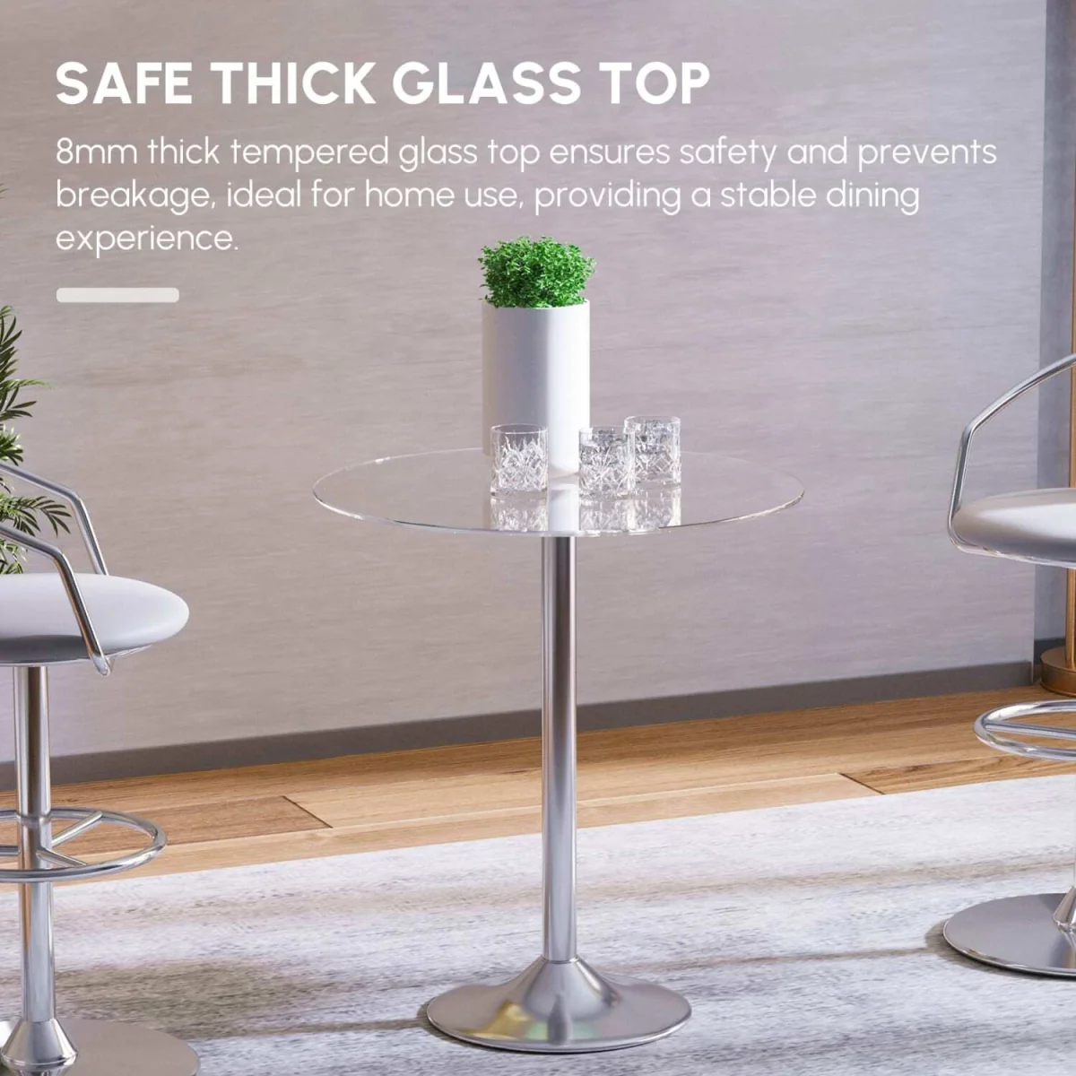Diliha Round Tempered Glass Dining Table, Polished Silver Base – image 6